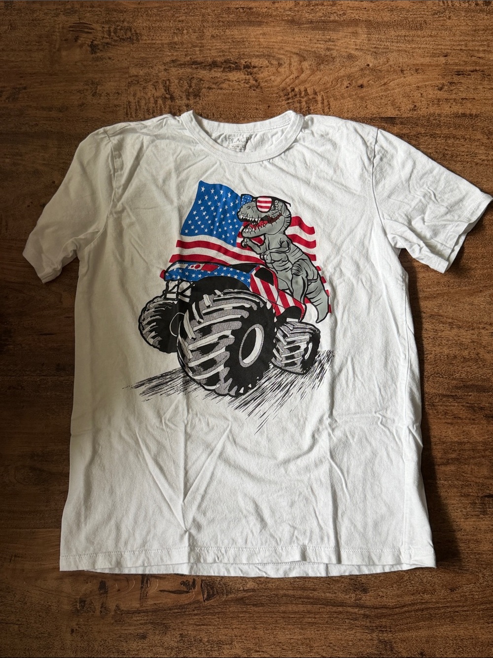 White Graphic Tee with American Flag Monster Truck and T-Rex xl 14